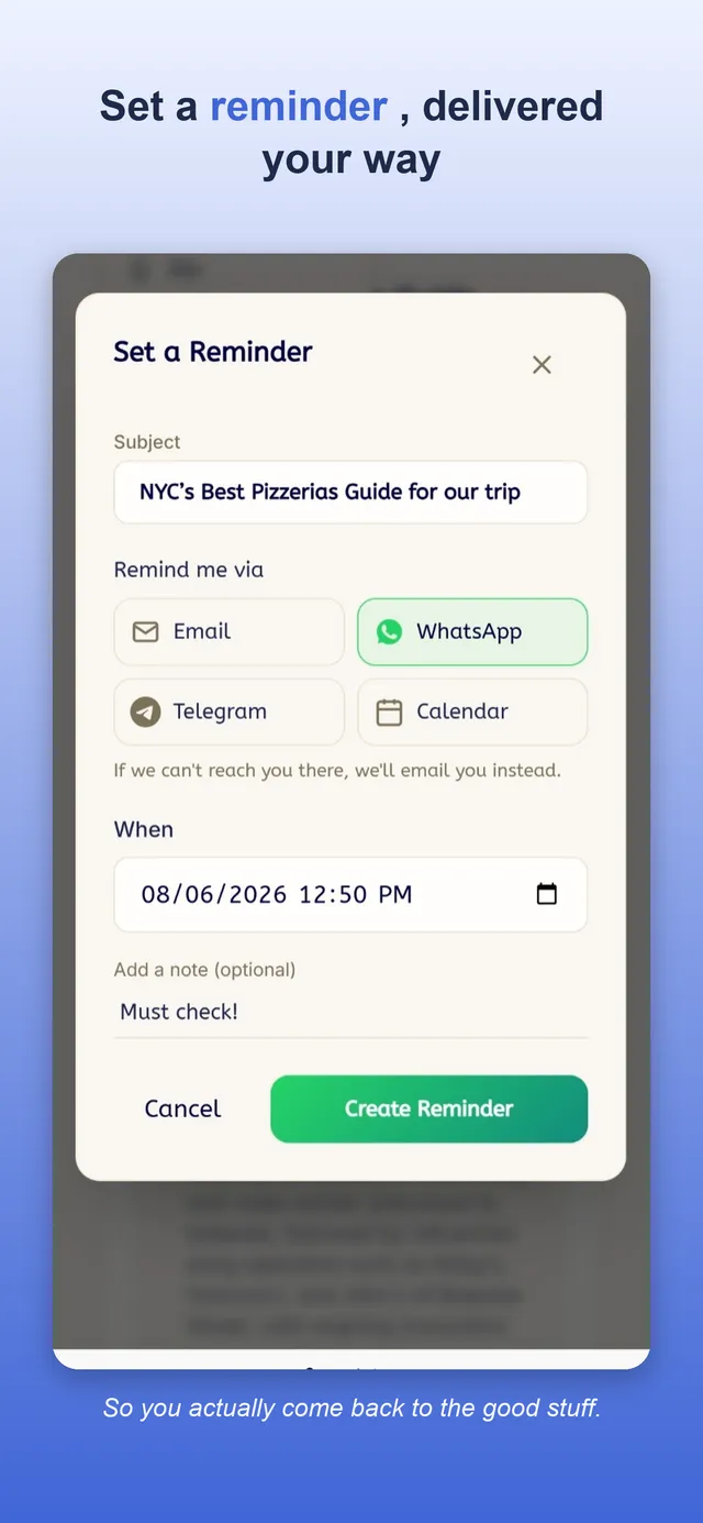 MarkIt reminders across email, WhatsApp, and calendar
