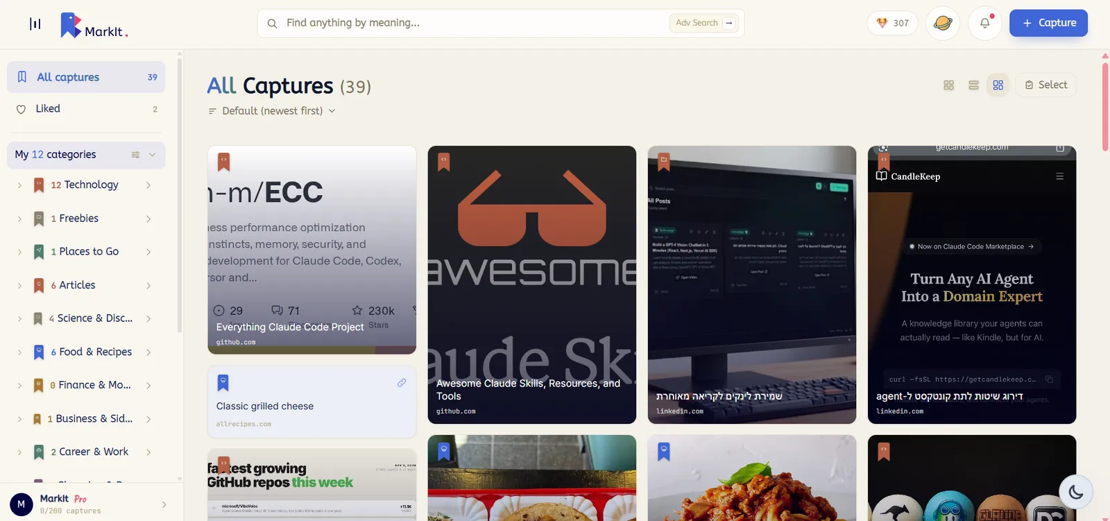 MarkIt on desktop: the full dashboard with sidebar categories and meaning-based search