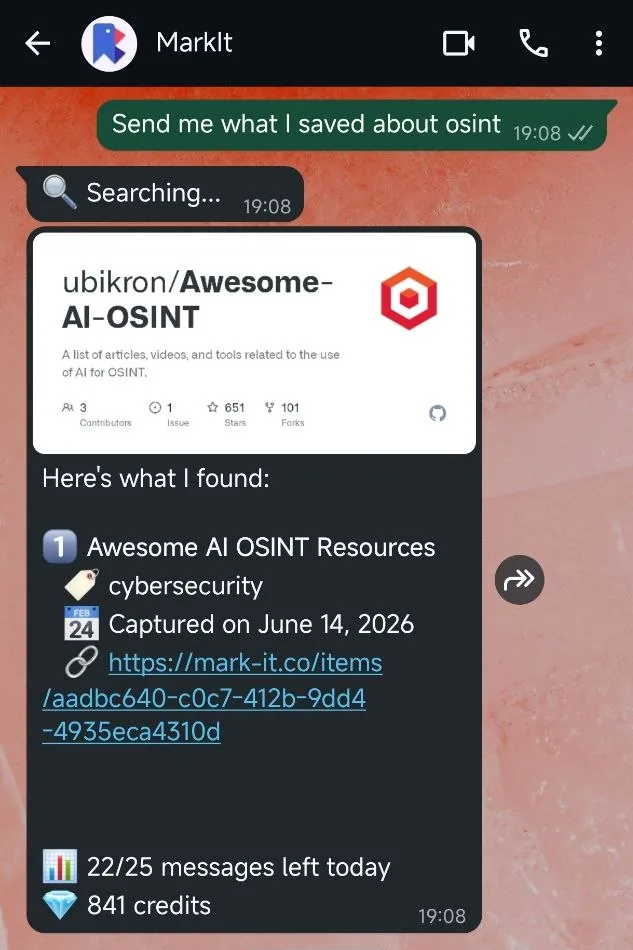 MarkIt WhatsApp bot answering a plain-language search, 'Send me what I saved about osint', and returning the matching saved item with its link